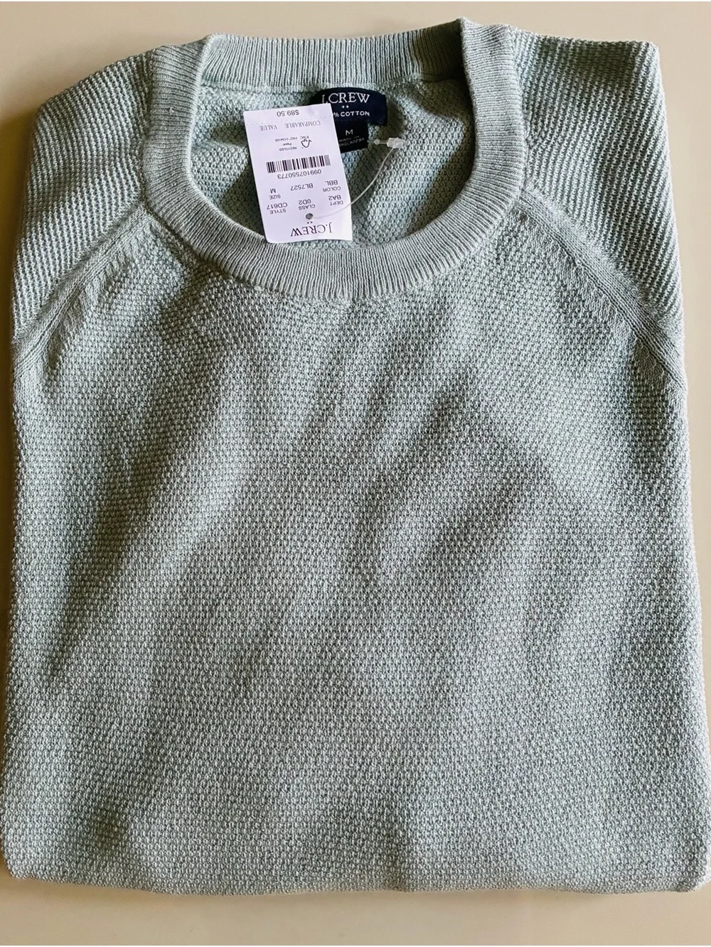 J. Crew Men’s Sage Green Crewneck Knit Sweater. M. NWT with defect.